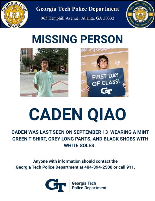 Caden Giao Georgia Missing Person- Georgia Tech Student Caden Qiao Missing After Last Being Seen on September 13