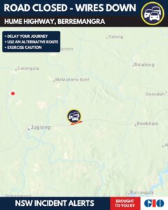 Hume Highway Closure Both Directions Shut at Berremangra After Wires Fall Near Benangaroo Road